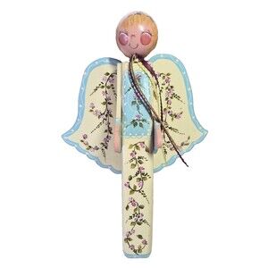 Wood Angel Folk Art Statue Painted Floral Wings 9" tall Rustic Decor Vintage